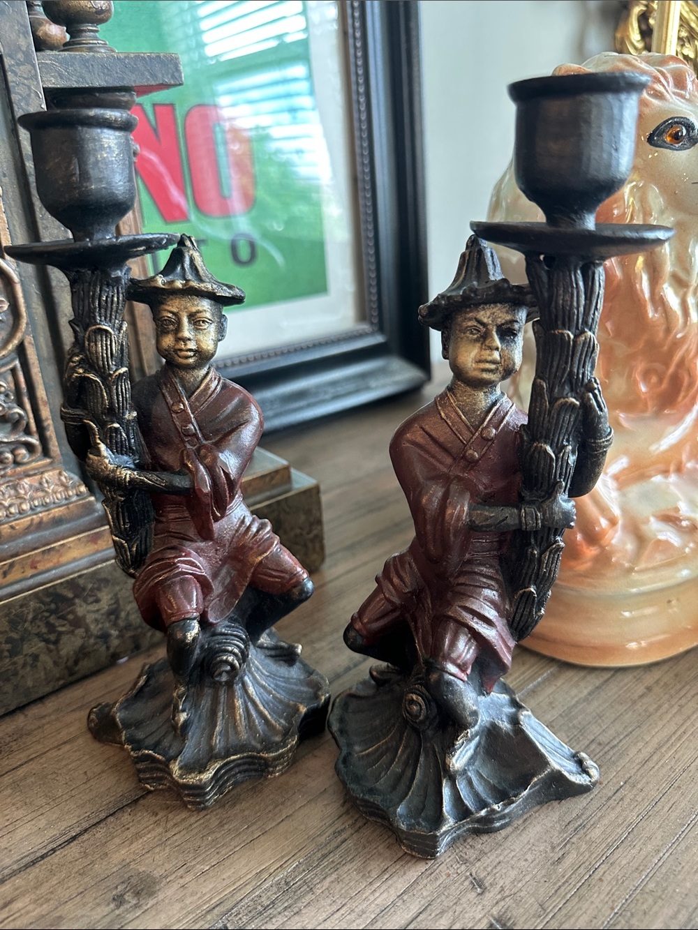 Pair of Vintage Asian Figural Cast Iron Candle Holders-Heavy!